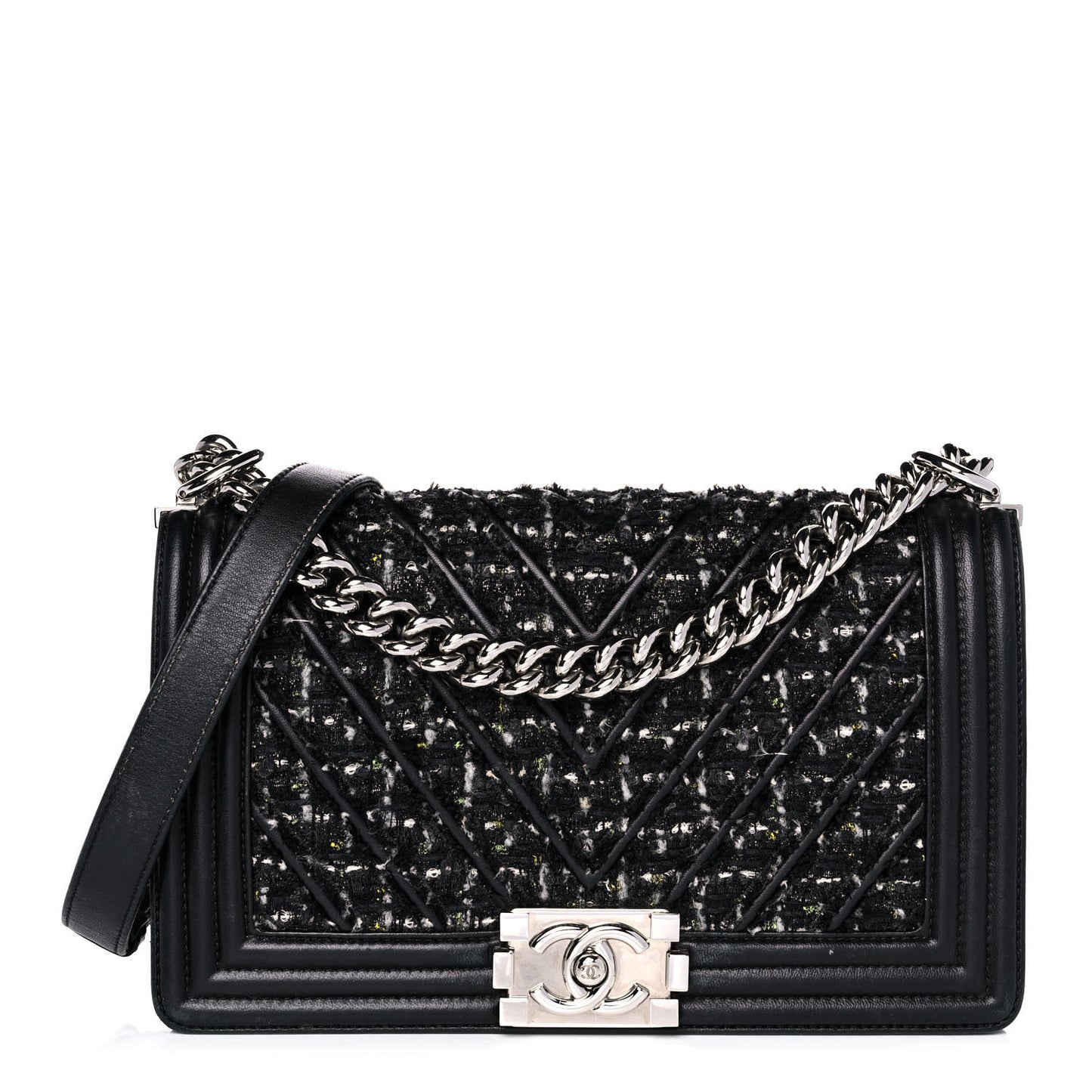 Lambskin Tweed Woven Medium Chevron Boy Flap Black