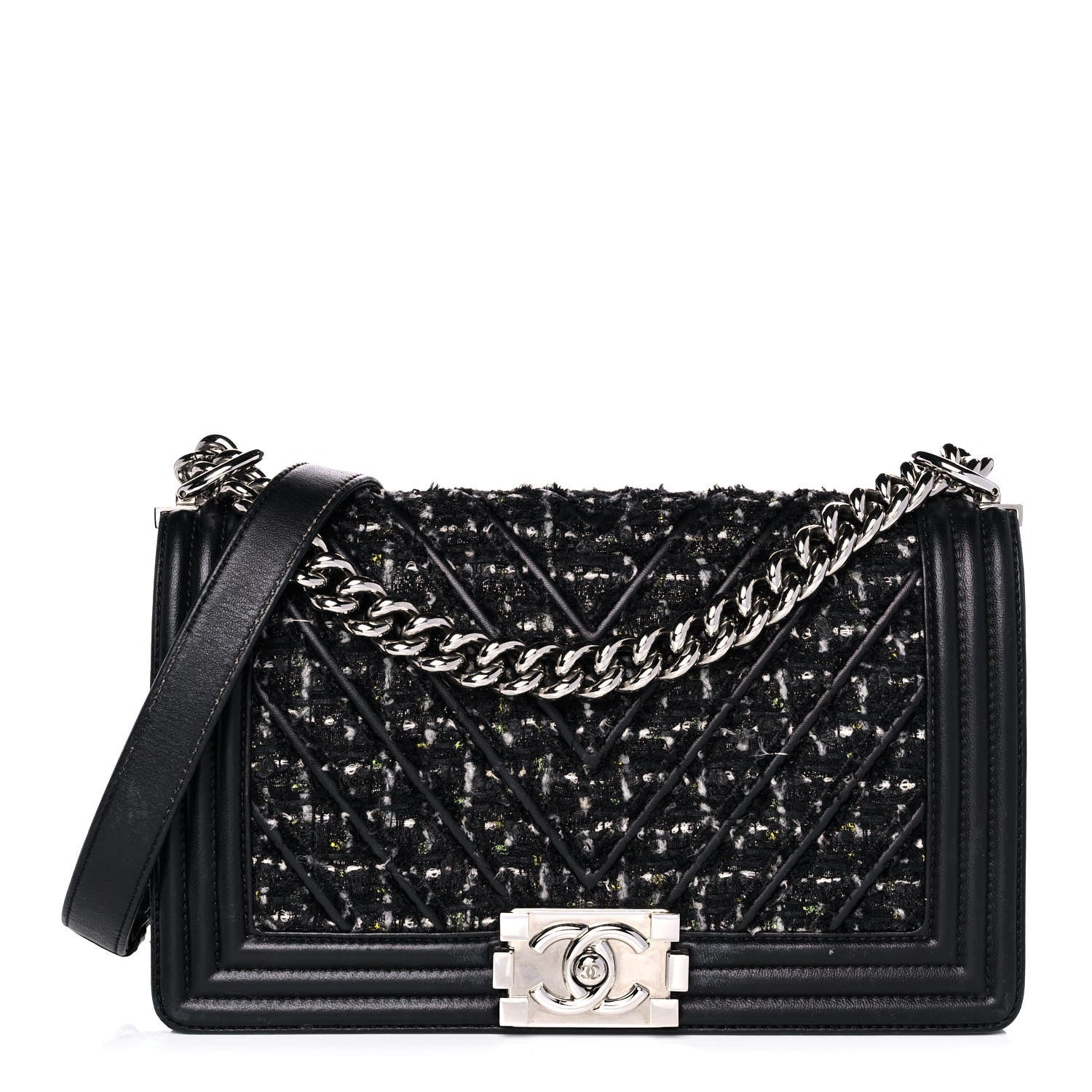 Chanel Lambskin Tweed Woven Medium Chevron Boy Flap Black 1 of 15