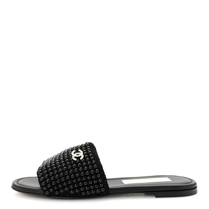 Chanel Pearl Crystal CC Mules Sandals 38.5 Black 1 of 10