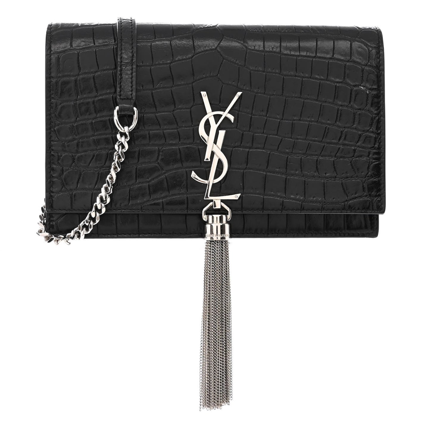 Calfskin Crocodile Embossed Medium Classic Monogram Kate Tassel Satchel Black