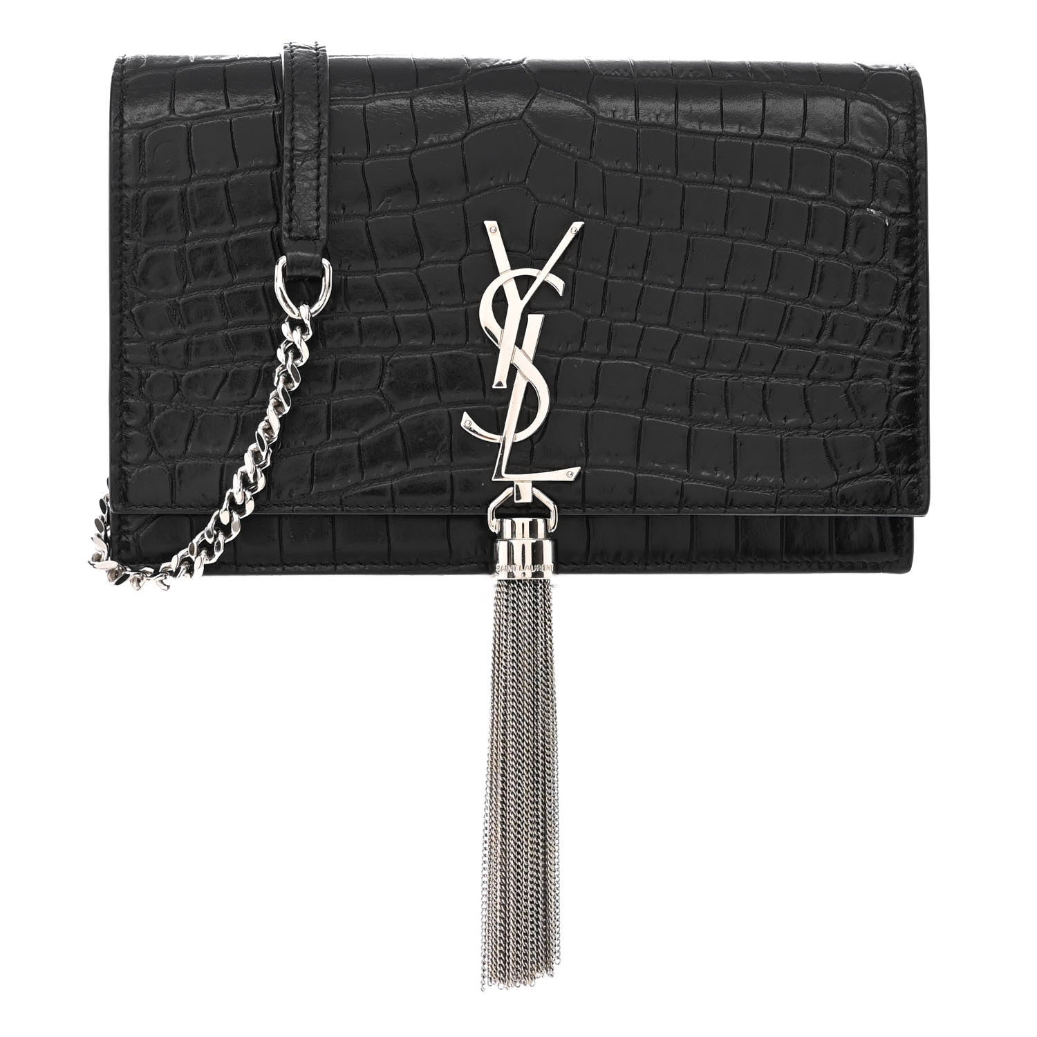 Saint Laurent Calfskin Crocodile Embossed Medium Classic Monogram Kate Tassel Satchel Black 1 of 11