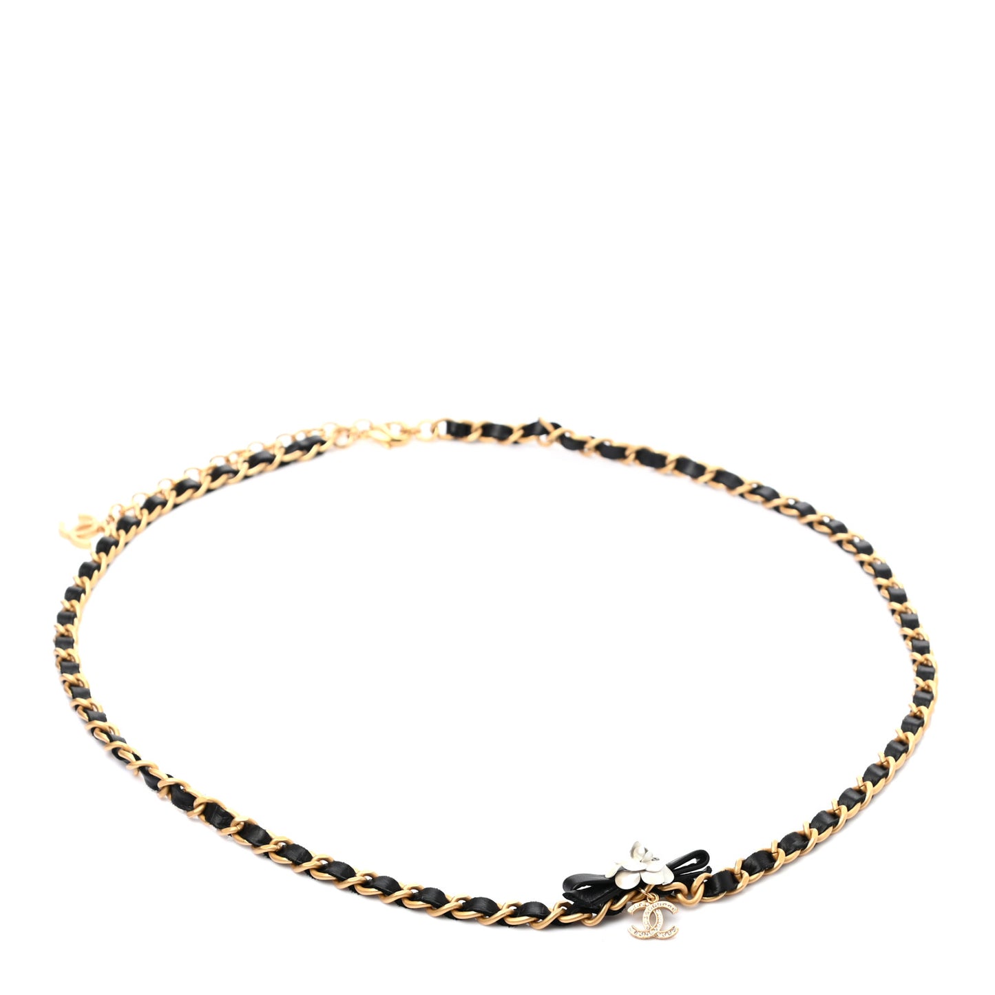 Calfskin Crystal Chain Camellia Belt Black Gold