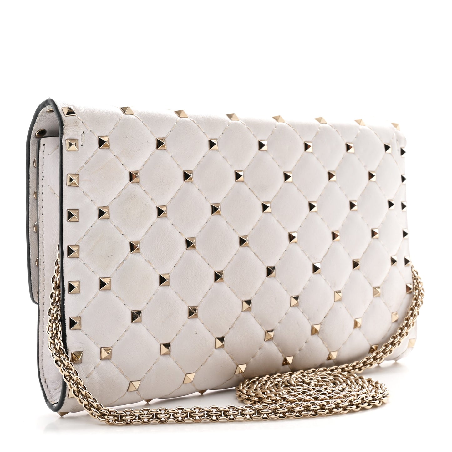 Lambskin VLTN Print Rockstud Spike Wallet On Chain White