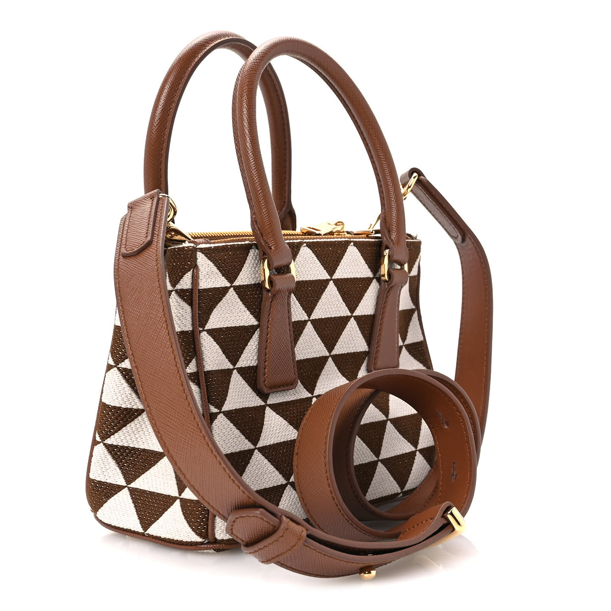 Jacquard Saffiano Triangolo Symbole Embroidered Mini Galleria Double Zip Tote Tabacco Talco