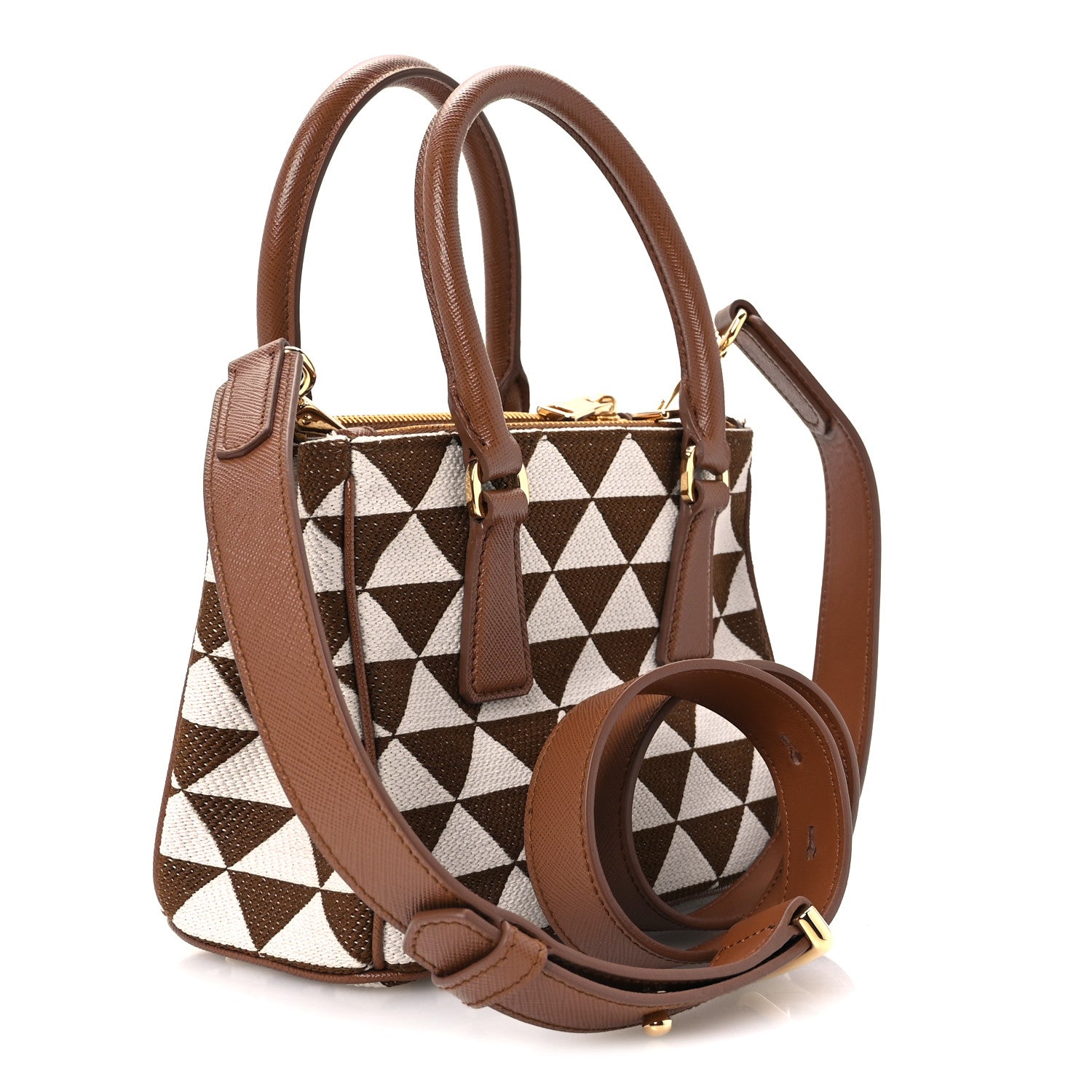 Prada Jacquard Saffiano Triangolo Symbole Embroidered Mini Galleria Double Zip Tote Tabacco Talco 3 of 10