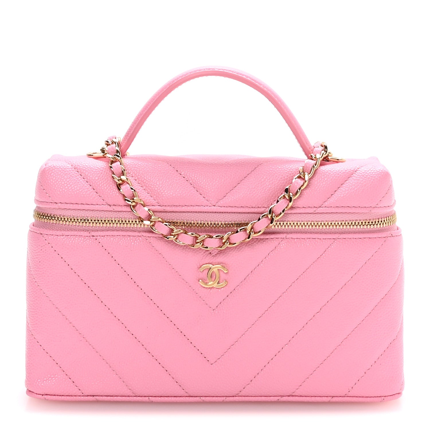 Chanel Shiny Caviar Chevron Quilted Top Handle Vanity With Chain Rose 2 of 21