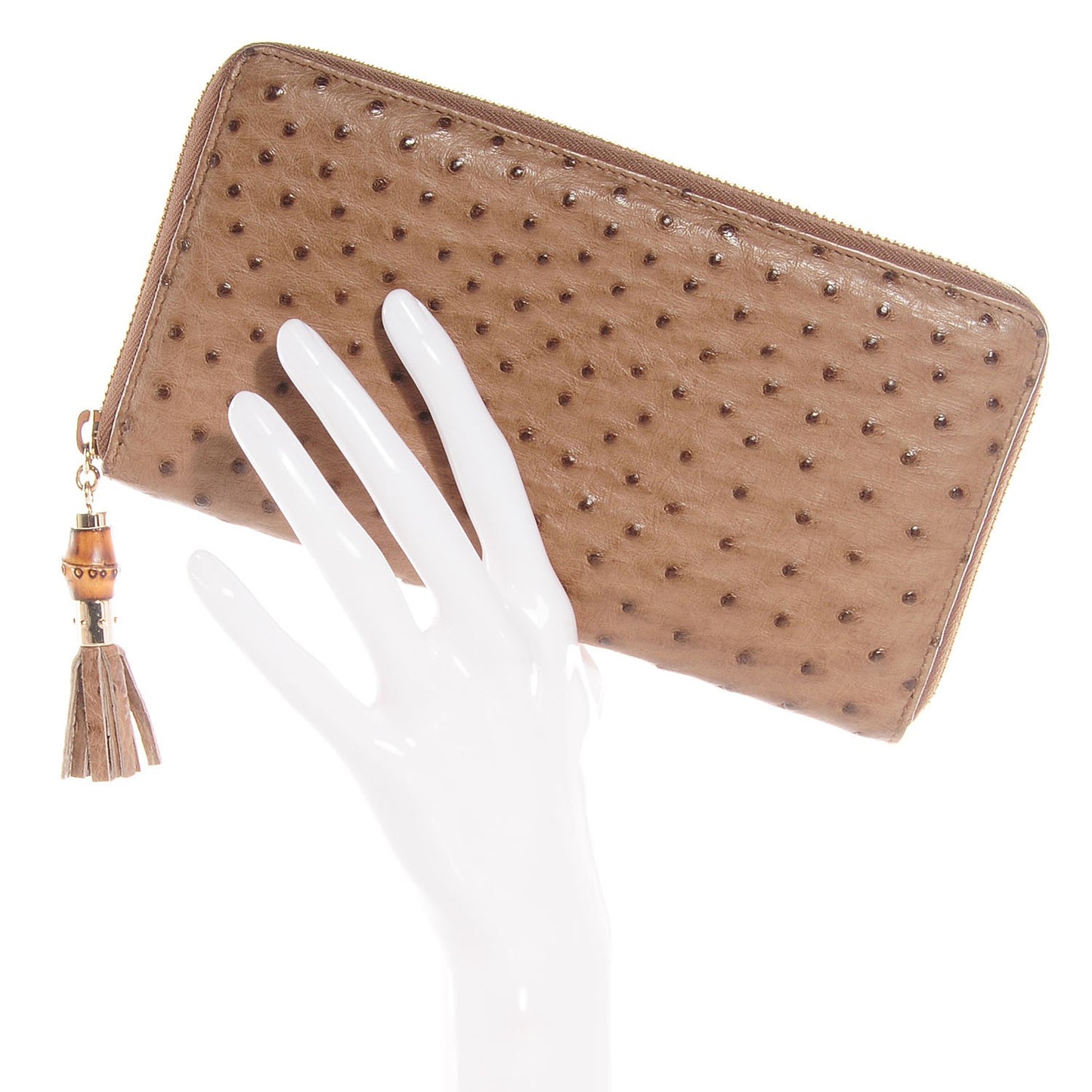 Ostrich Bamboo Zip Around Wallet Dark Beige