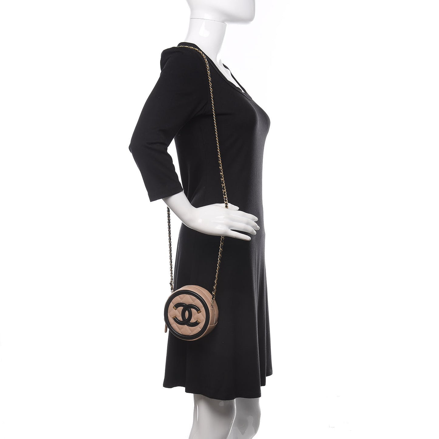 Caviar Quilted Round Filigree Crossbody Beige Black