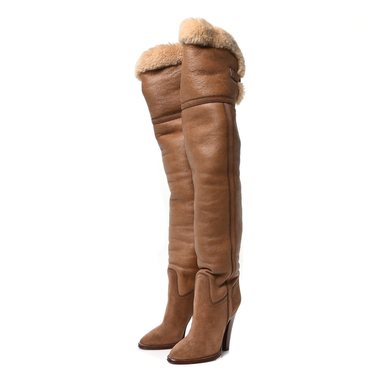 Suede Calfskin Shearling Tomcat Over The Knee Boots 37 Cognac