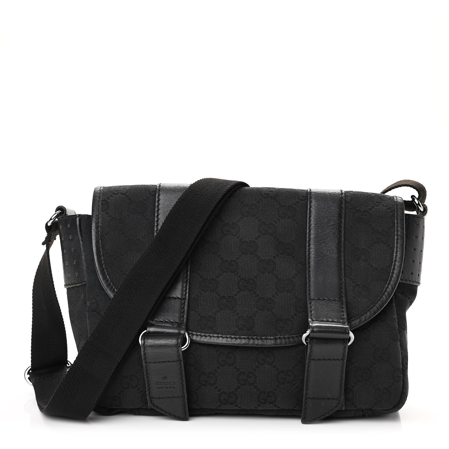 Gucci Monogram Small Double Buckle Flap Messenger Bag Black 1 of 10