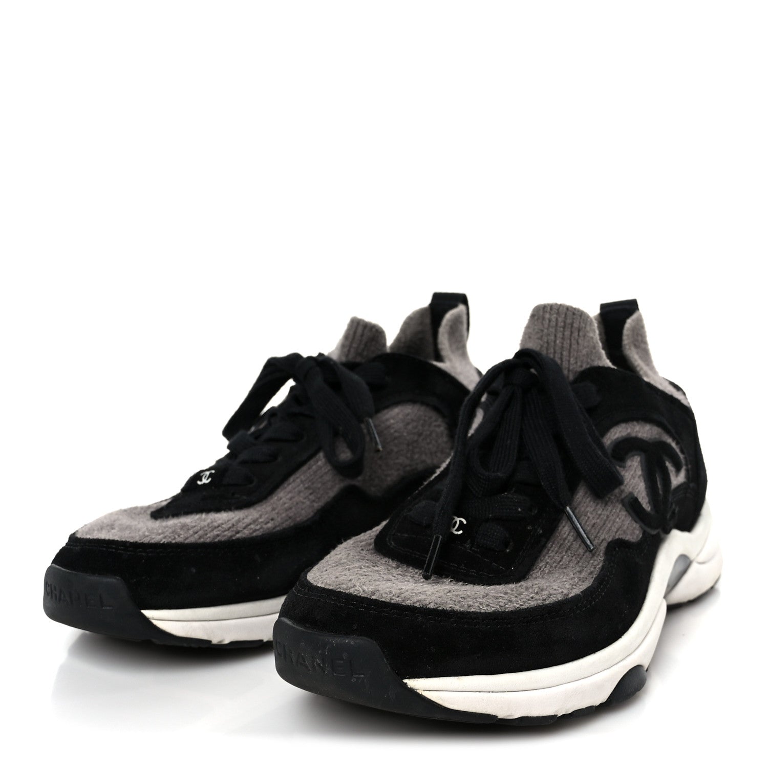 Chanel Fabric Suede Calfskin CC Sneakers 38 Gray Black 1815189