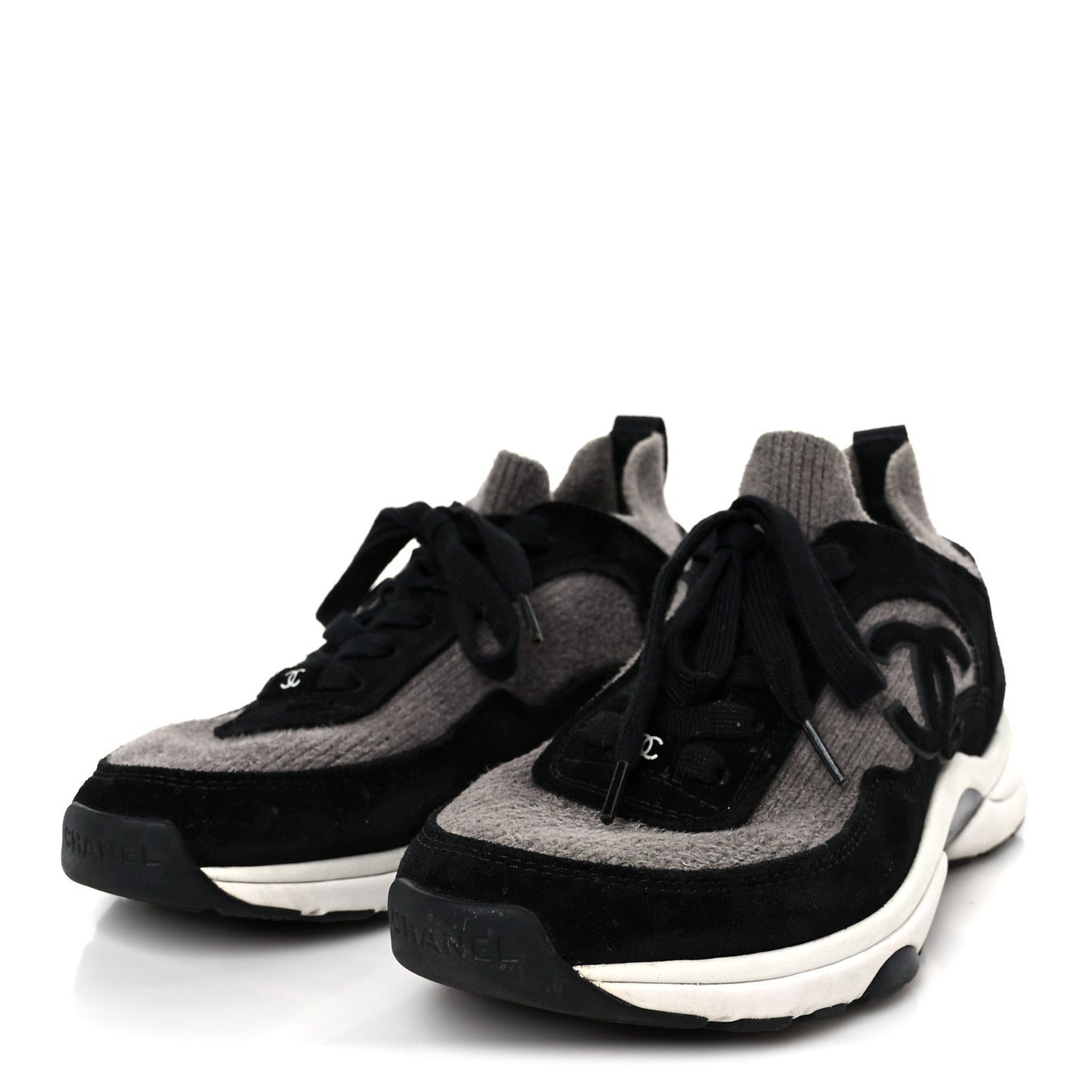 Fabric Suede Calfskin CC Sneakers 38 Gray Black