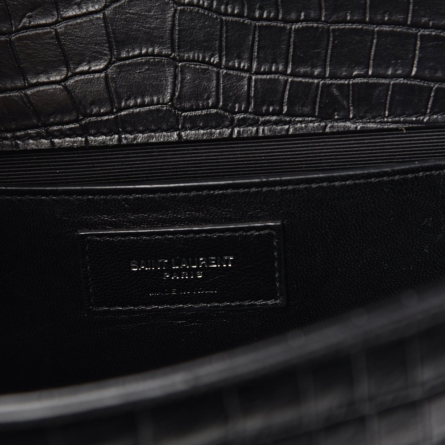 Calfskin Crocodile Embossed Medium Classic Monogram Kate Tassel Satchel Black