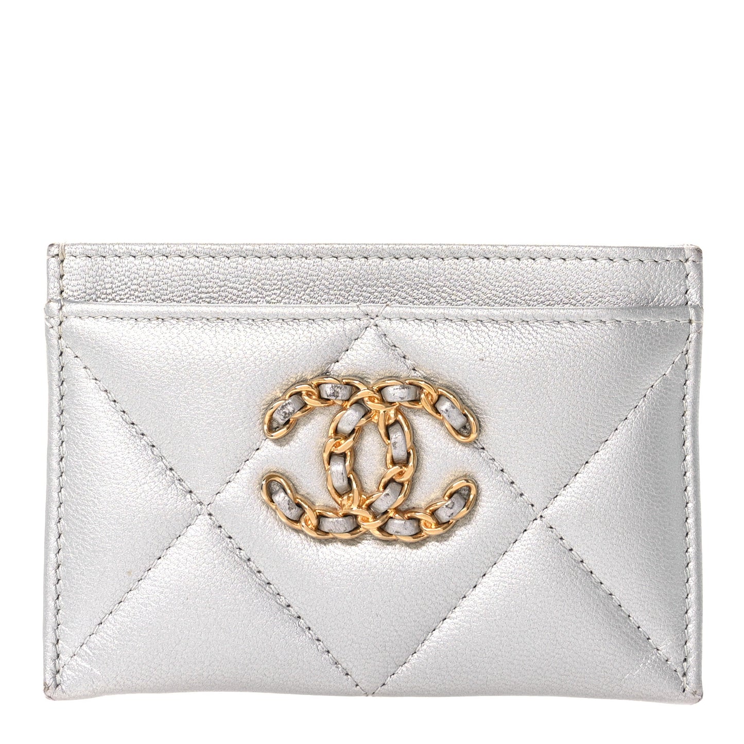 Metallic Goatskin Quilted 19 Card Holder Silver