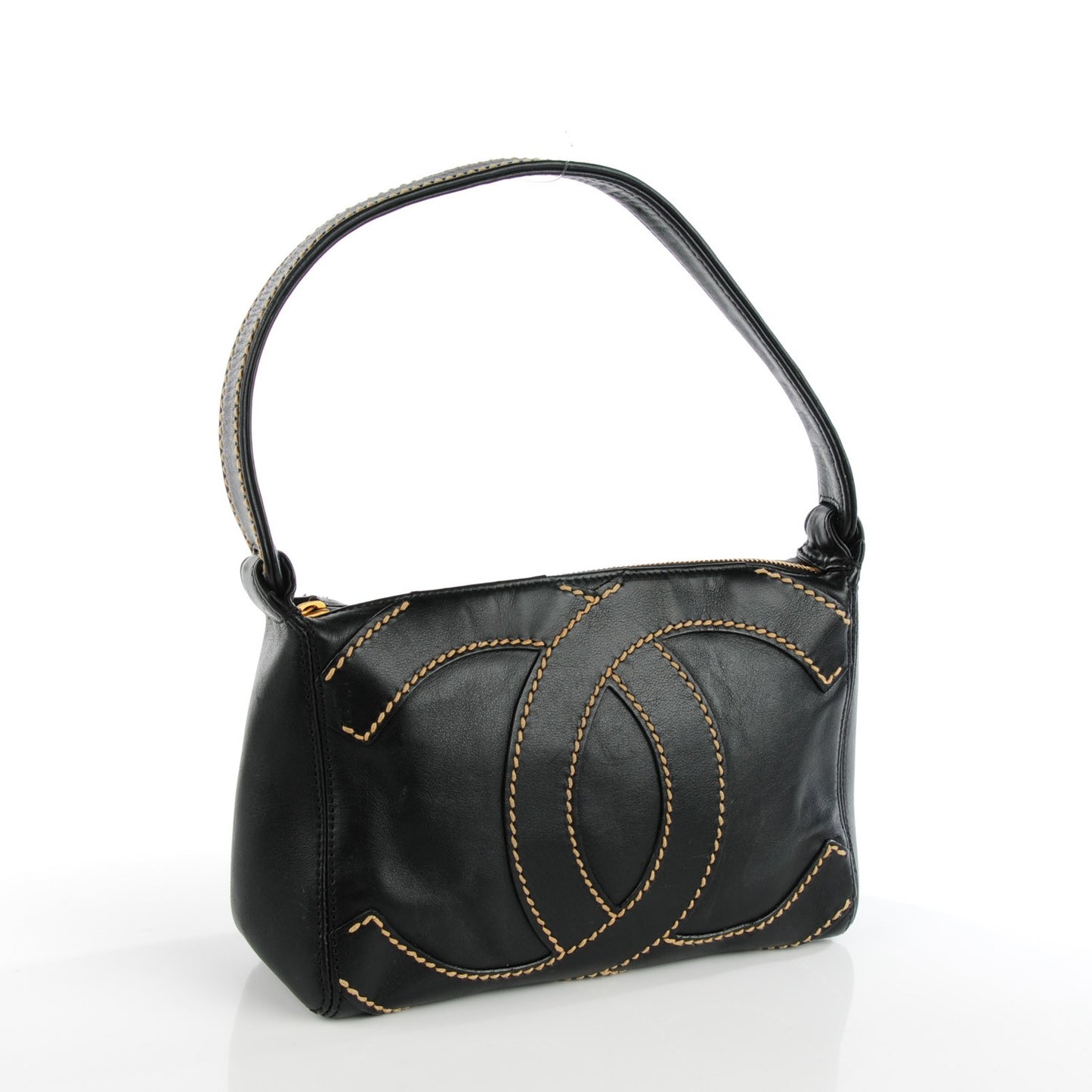 Calfskin Small CC Stitched Shoulder Bag Black