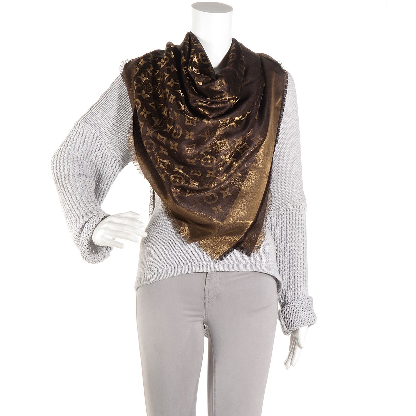 Silk Lurex Wool Monogram Shine Shawl Brown