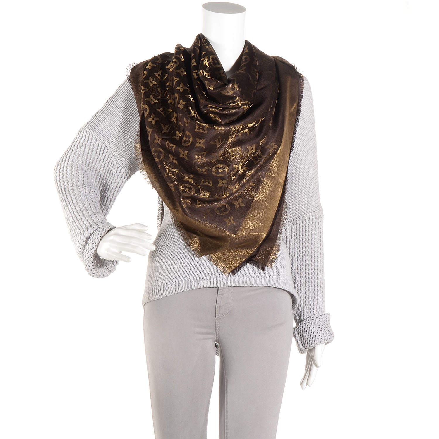 Louis Vuitton Silk Lurex Wool Monogram Shine Shawl Brown 2 of 5