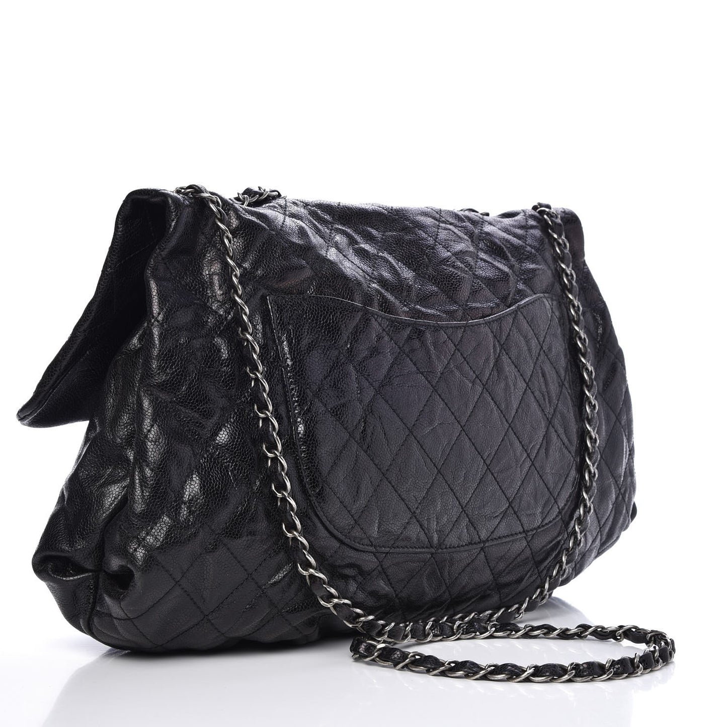 Crumpled Caviar Quilted Maxi Elastic Flap Black