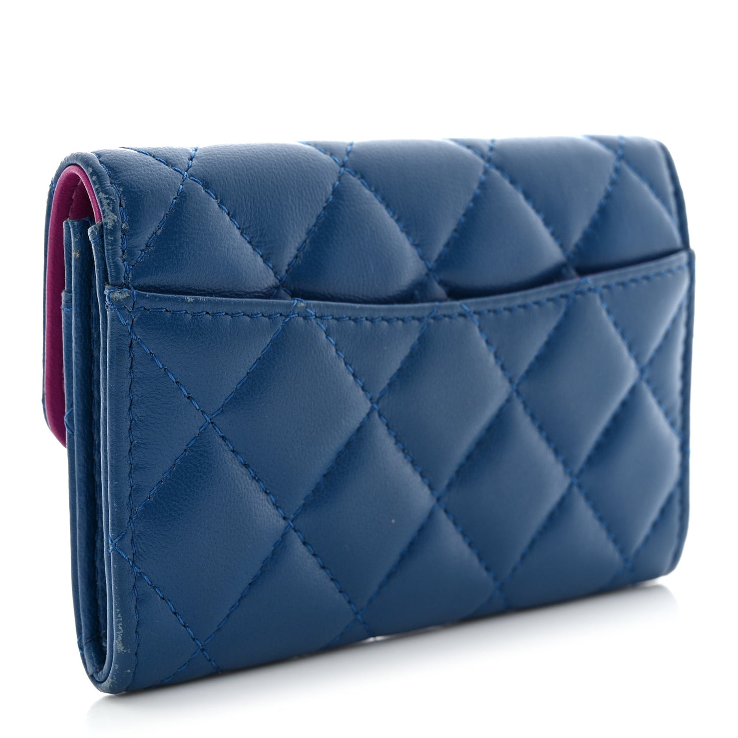 Lambskin Quilted Flap Card Holder Wallet Blue Pink