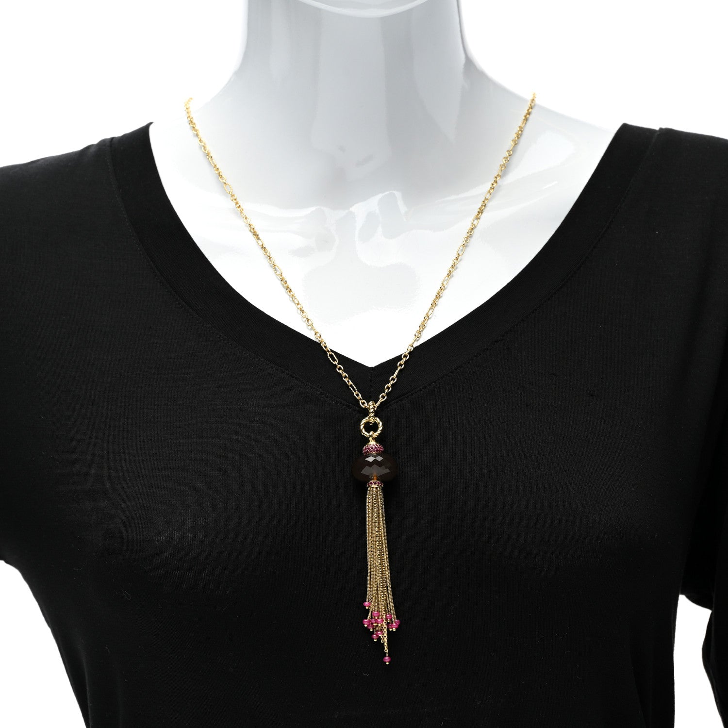 David Yurman 18K Yellow Gold Smoky Quartz Ruby Tassel Pendant Necklace 2 of 5