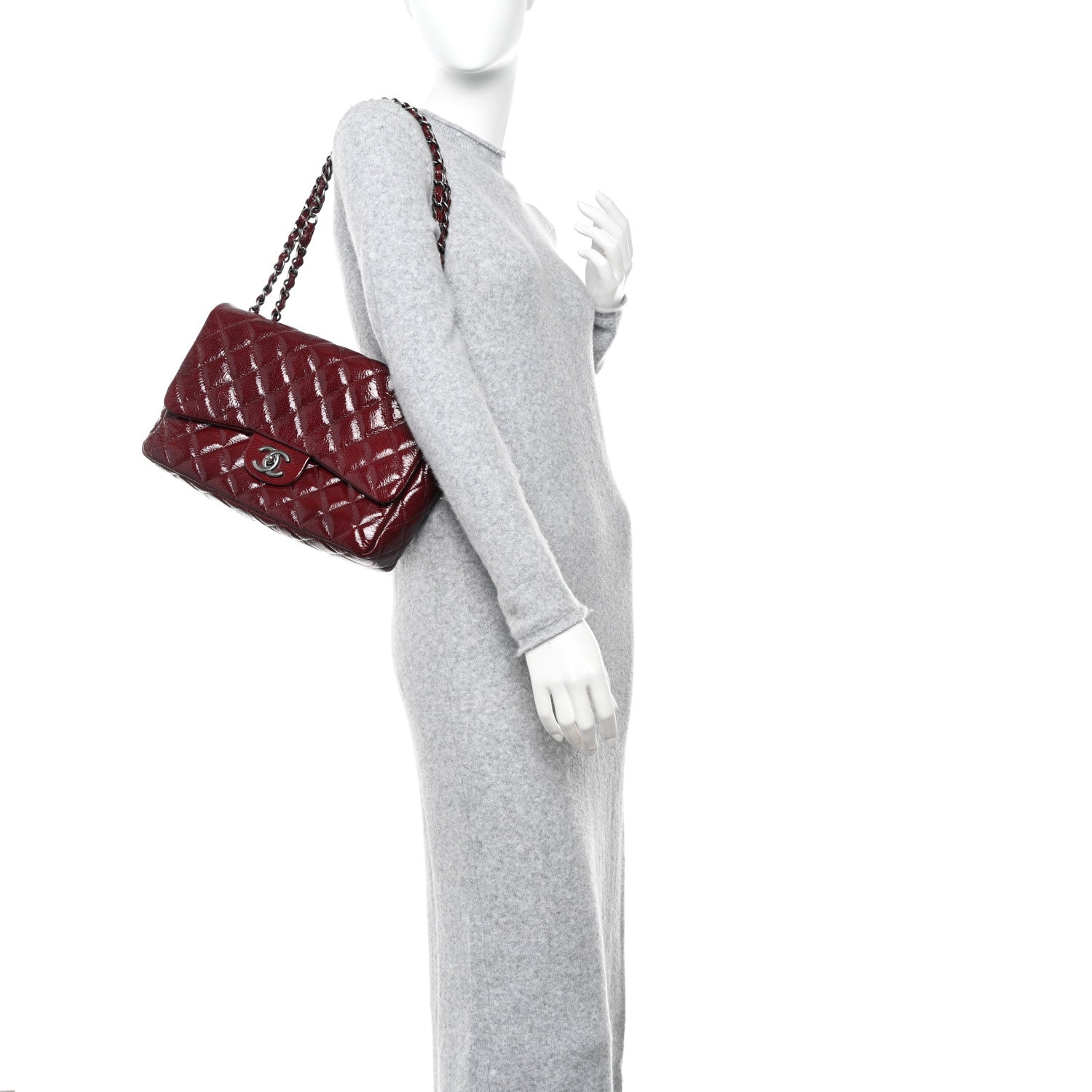 Chanel Crinkled Patent Quilted Jumbo Single Flap Burgundy 2 of 13