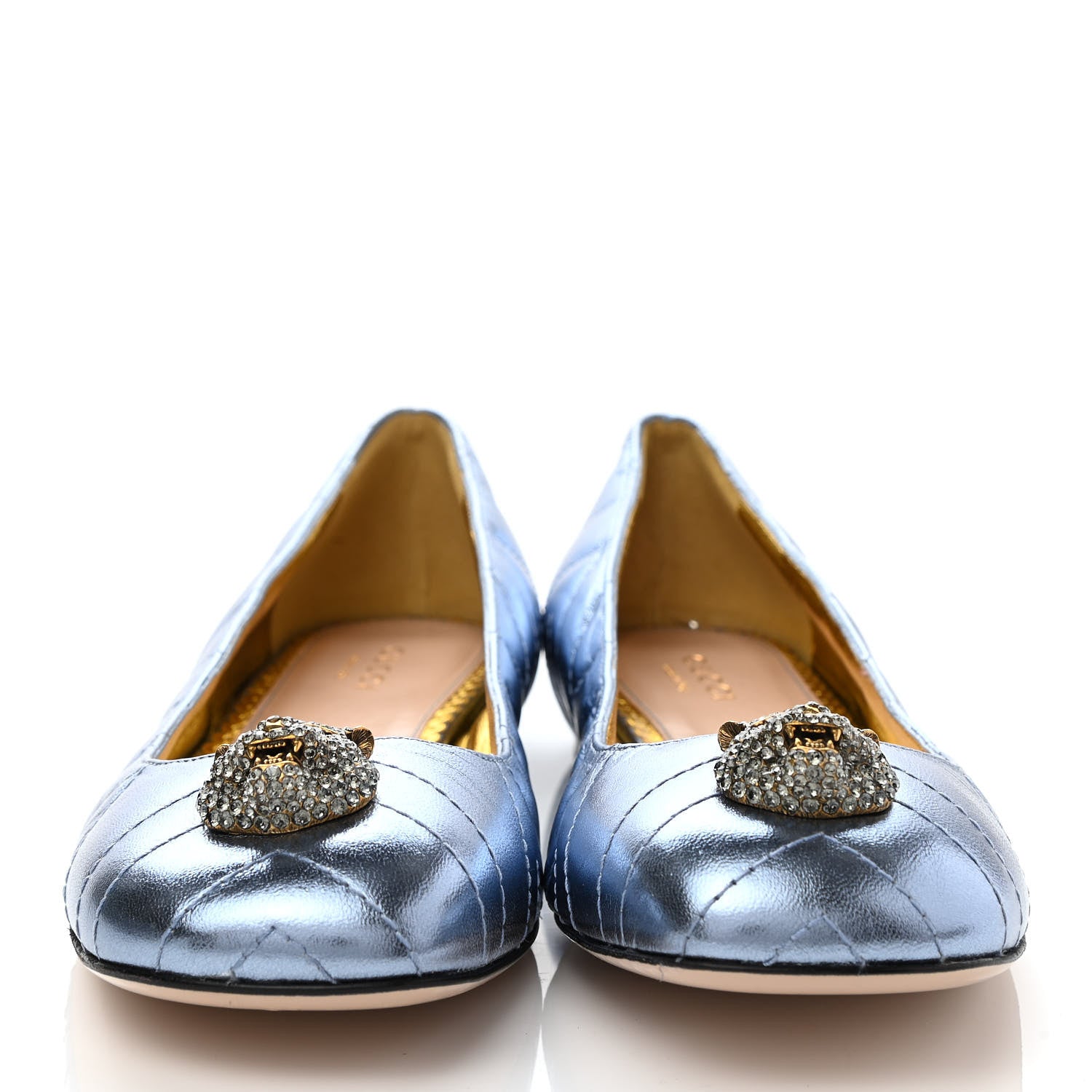 Gucci Metallic Nappa Trapuntata Tiger Head Ballerina Flats 37.5 Cielo 2 of 10
