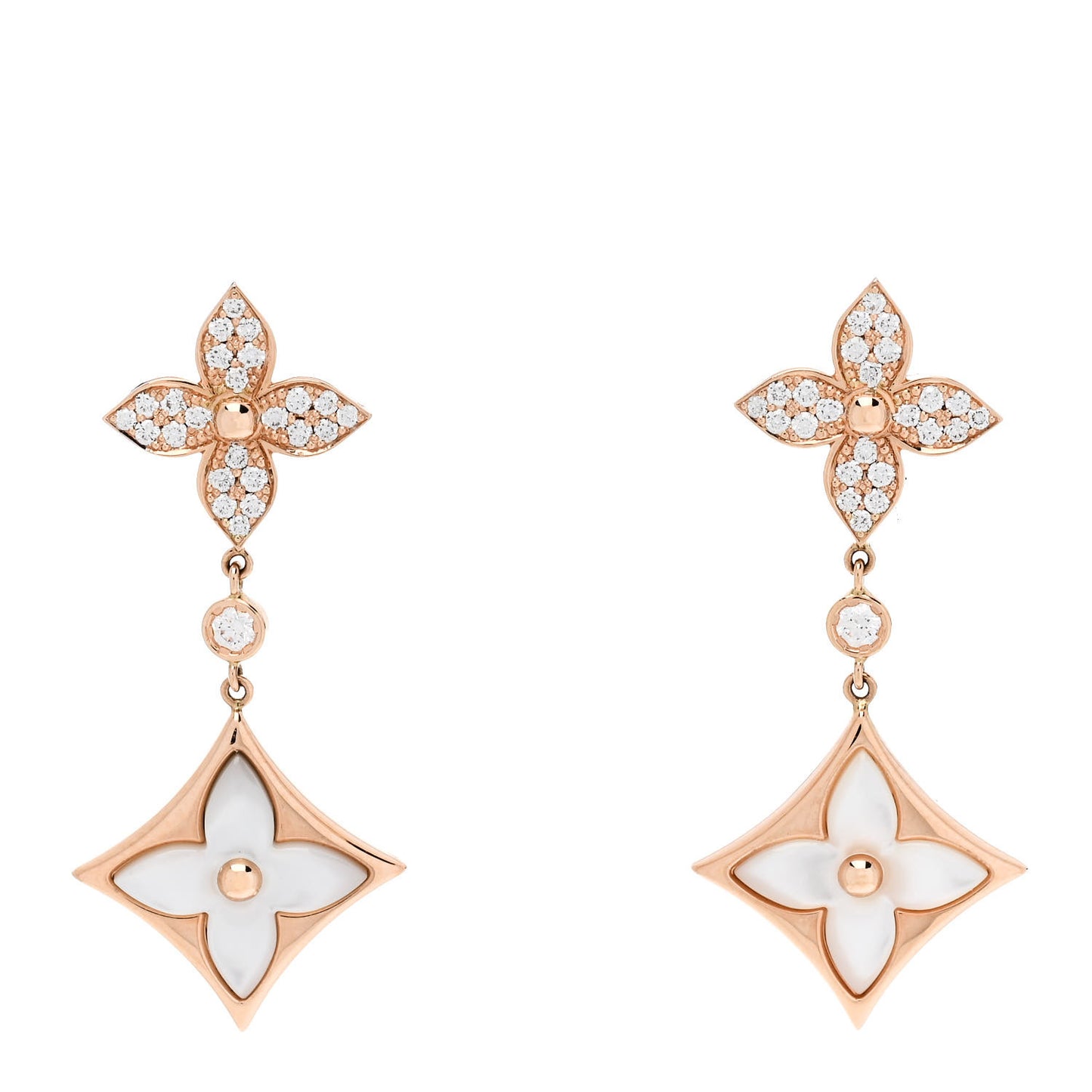 18K Pink Gold Diamond Mother of Pearl Color Blossom M Star Multi Motif Drop Earrings