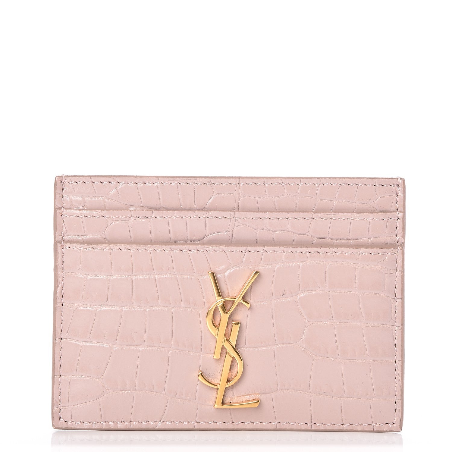 Saint Laurent Calfskin Crocodile Embossed Card Case Rose Antic 1 of 10