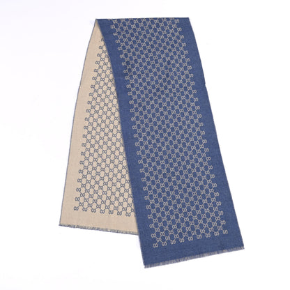 Gucci Wool Jacquard Monogram Fringe Scarf Blue Beige 2 of 4