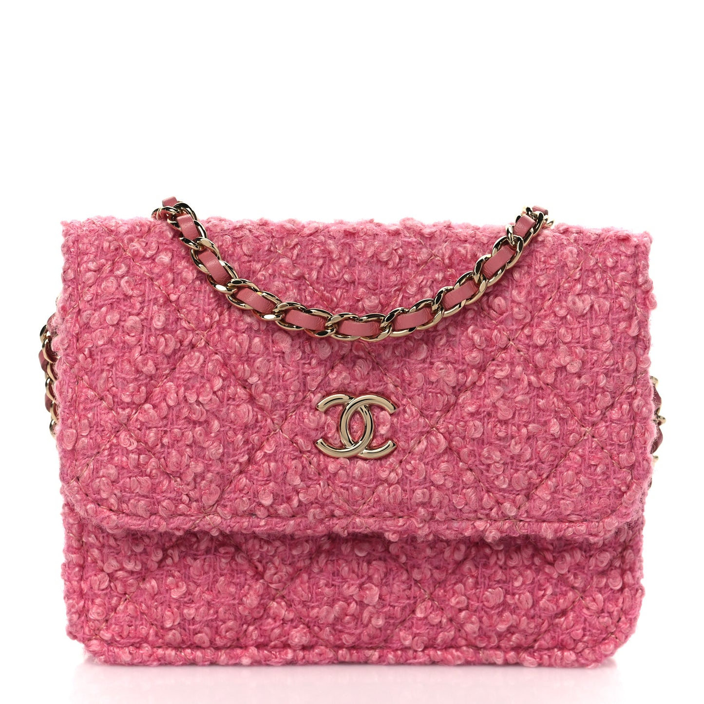 Tweed Quilted Flap Chain Waist Bag Pink