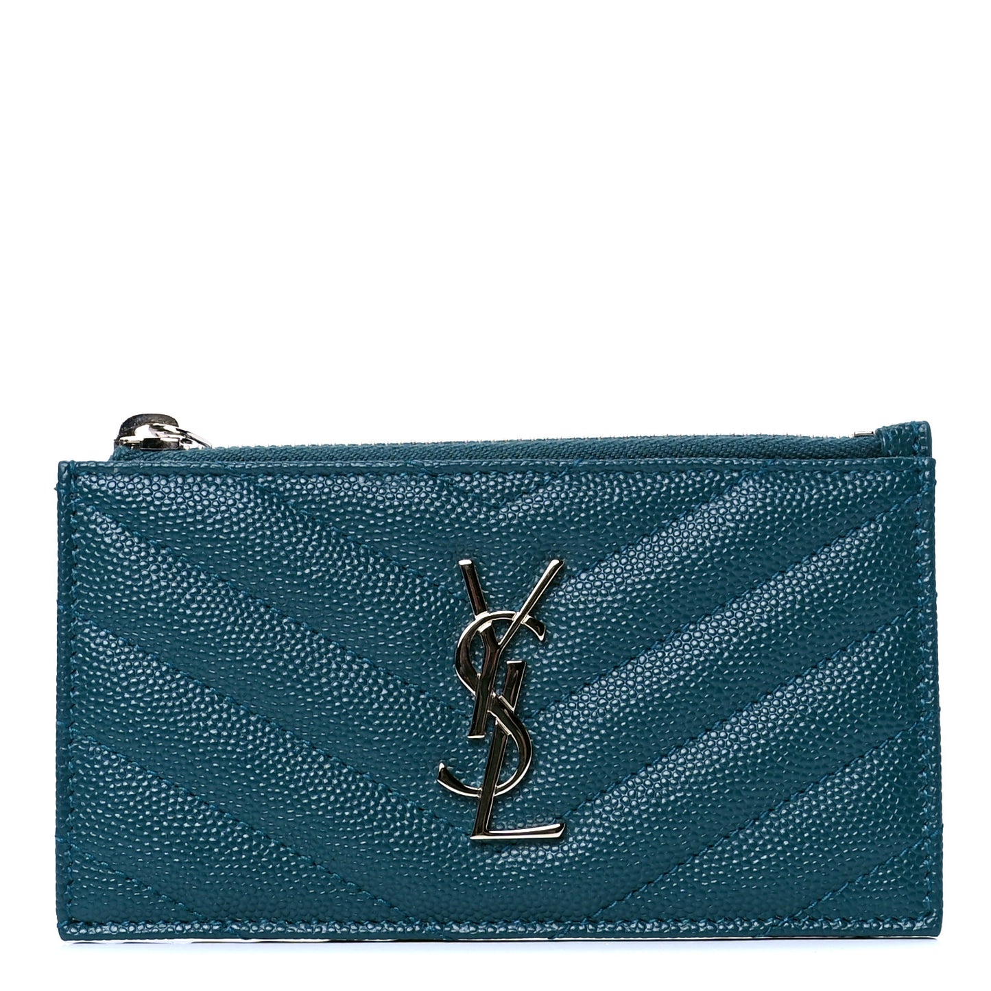 Grain De Poudre Matelasse Chevron Monogram Fragments Zippered Card Case Petrol Green