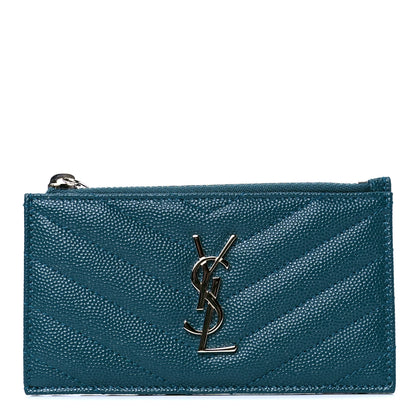 Saint Laurent Grain De Poudre Matelasse Chevron Monogram Fragments Zippered Card Case Petrol Green 1 of 4
