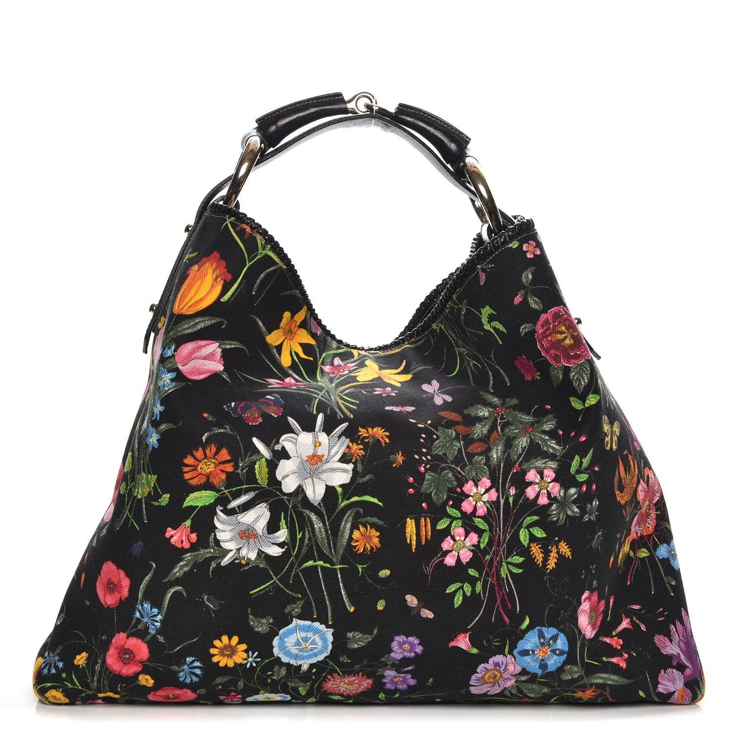Canvas Flora Floral Large Horsebit Chain Hobo Black