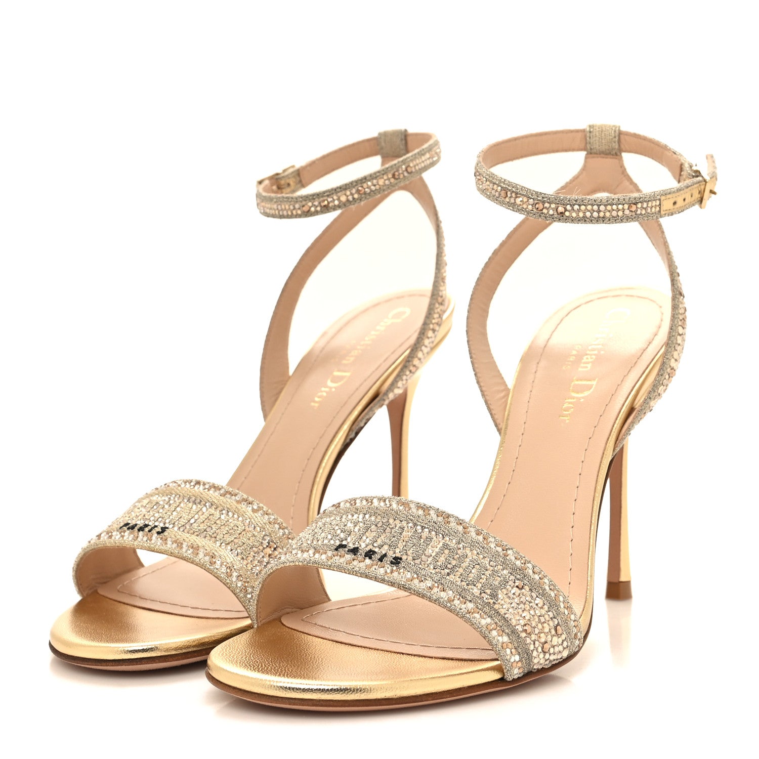Christian Dior Cotton Strass Embroidered Dway Heeled Sandals 37 Gold 3 of 9