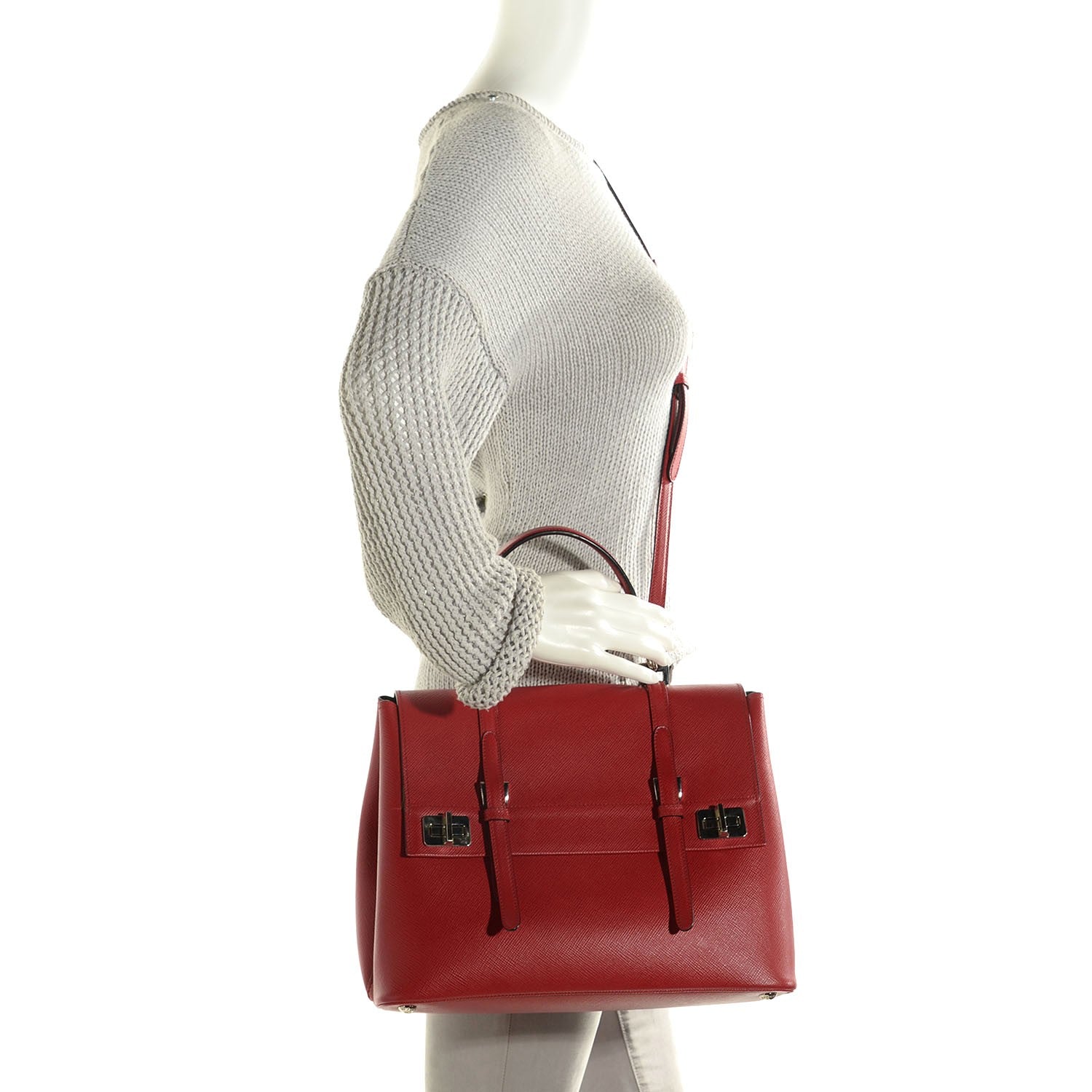 Prada Saffiano Cuir Convertible Top Handle Tote Fuoco 2 of 9