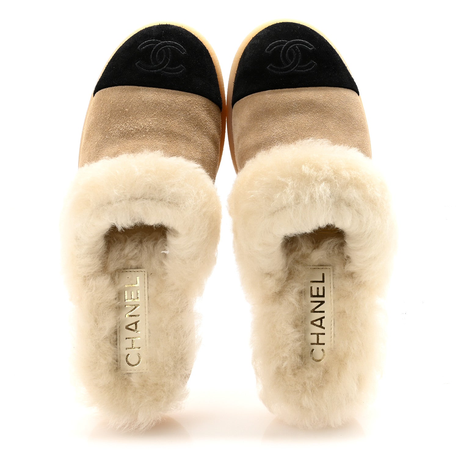 Chanel Suede Shearling CC Cap Toe Mules 36 Beige Black 1801083