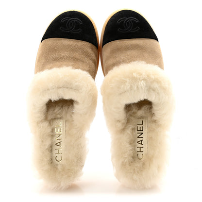Chanel Suede Shearling CC Cap Toe Mules 36 Beige Black 2 of 10