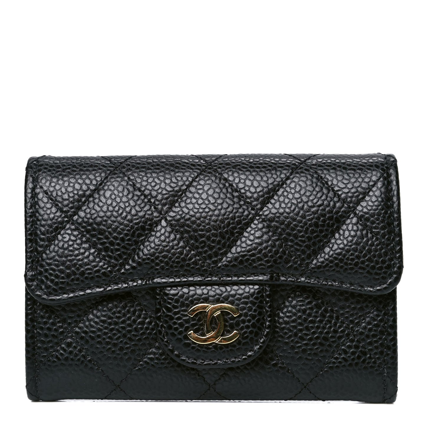 Caviar Quilted Flap Card Holder Wallet Black