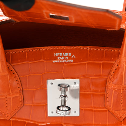 Hermes Shiny Porosus Crocodile 18K White Gold Diamond Birkin 30 Orange 7 of 14