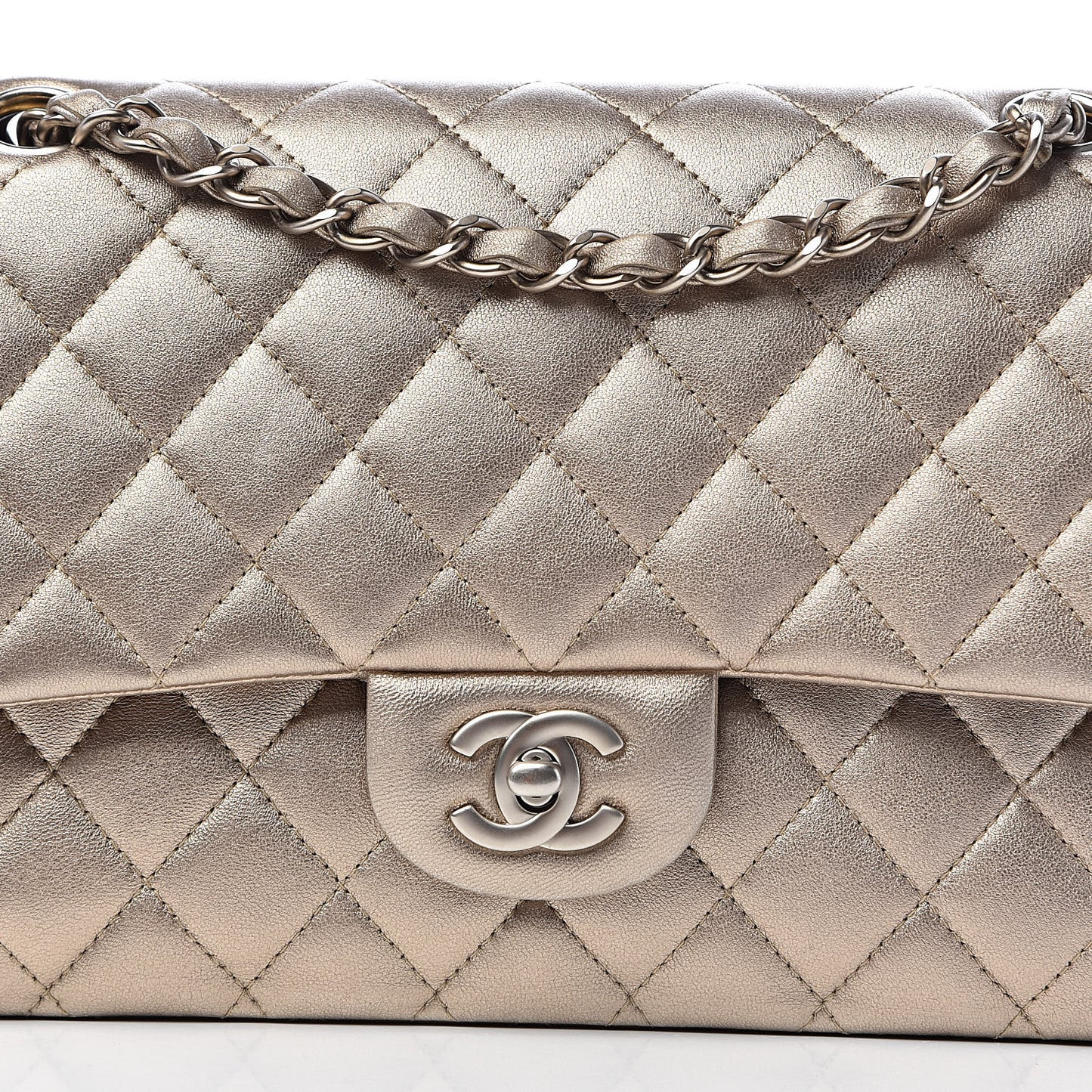 Metallic Lambskin Quilted Medium Double Flap Gold