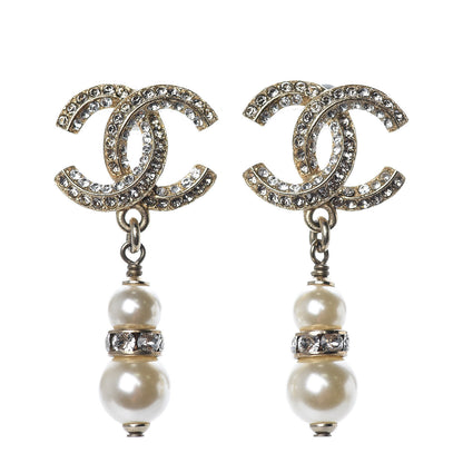Chanel Crystal Pearl CC Drop Earrings Gold 1 of 5