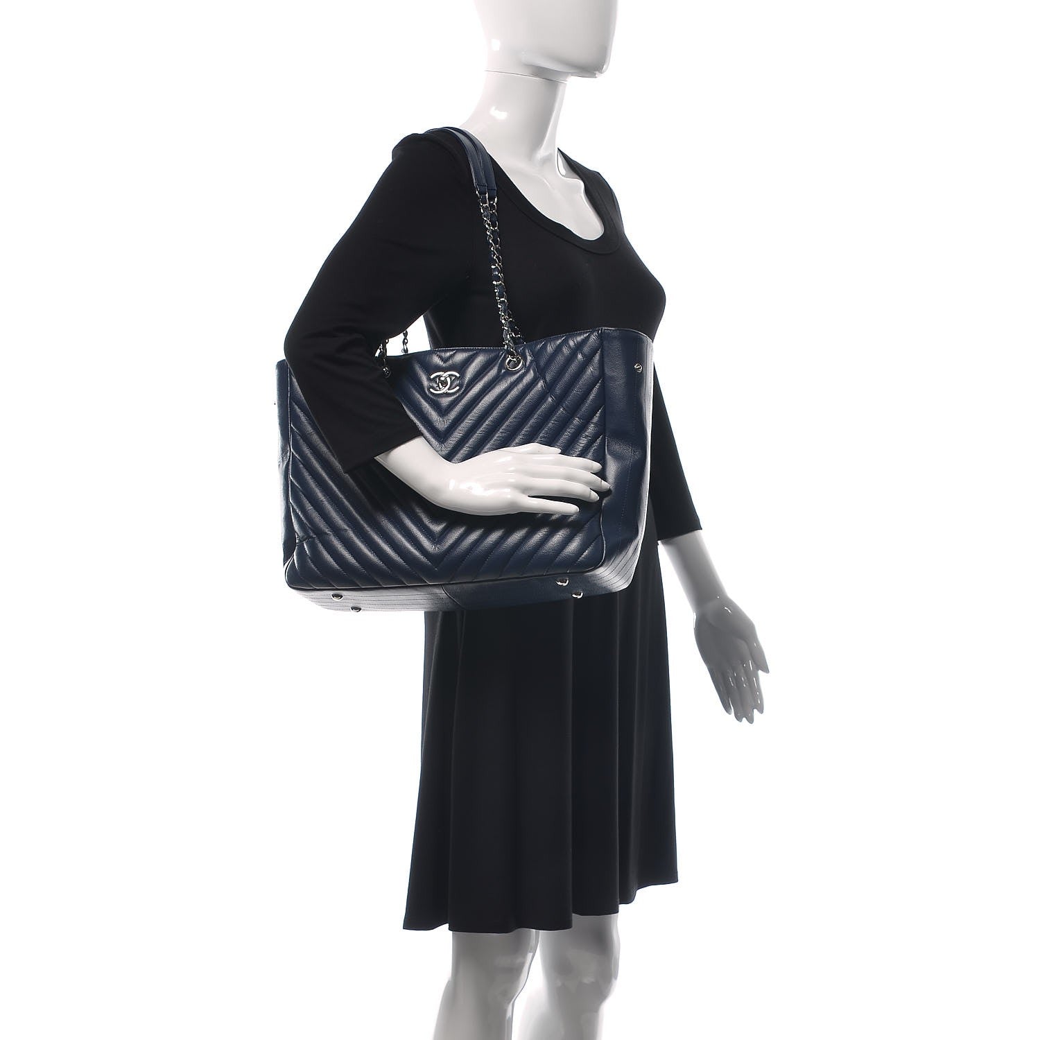 Chanel Caviar Chevron Quilted Timeless Tote Navy 2 of 9