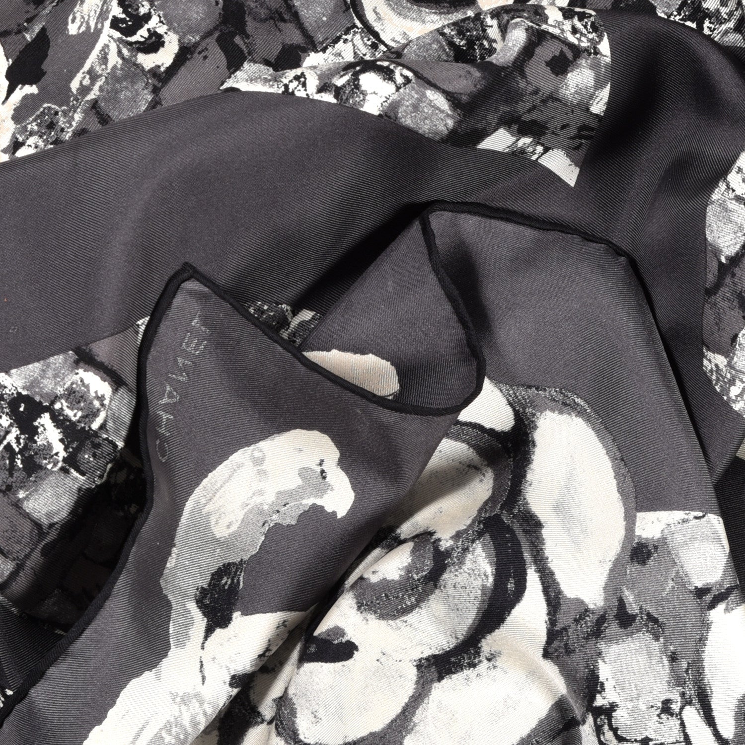 Chanel Silk Printed CC Camellia Scarf Grey White 2 of 3