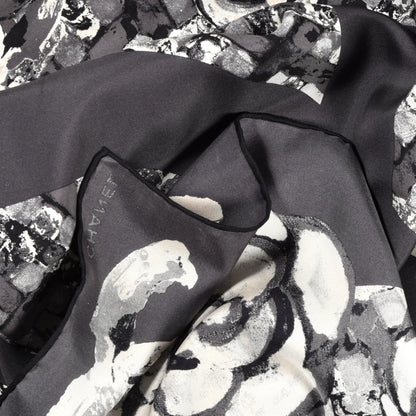 Chanel Silk Printed CC Camellia Scarf Grey White 2 of 3