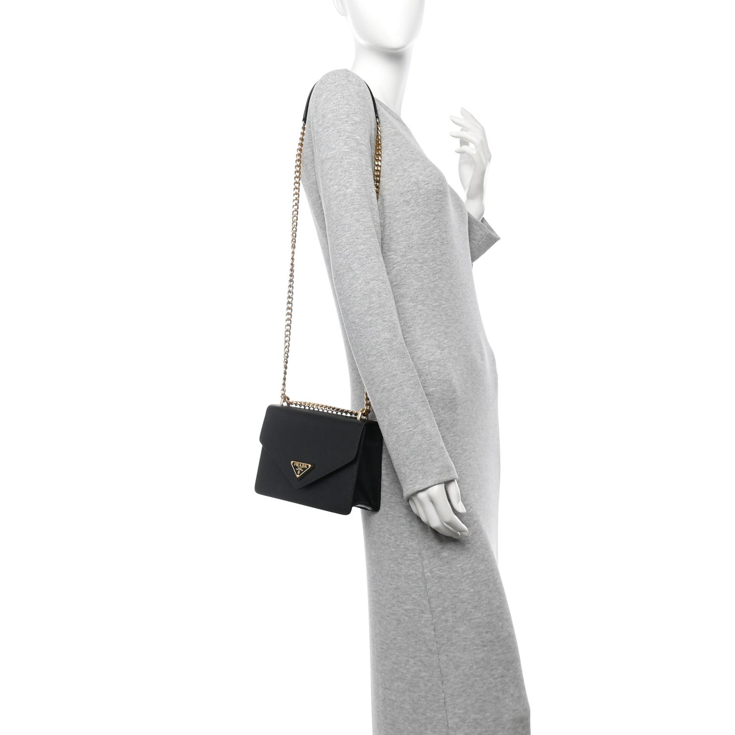 Saffiano Soft Calfskin Metal Triangle Logo Envelope Chain Shoulder Bag Black