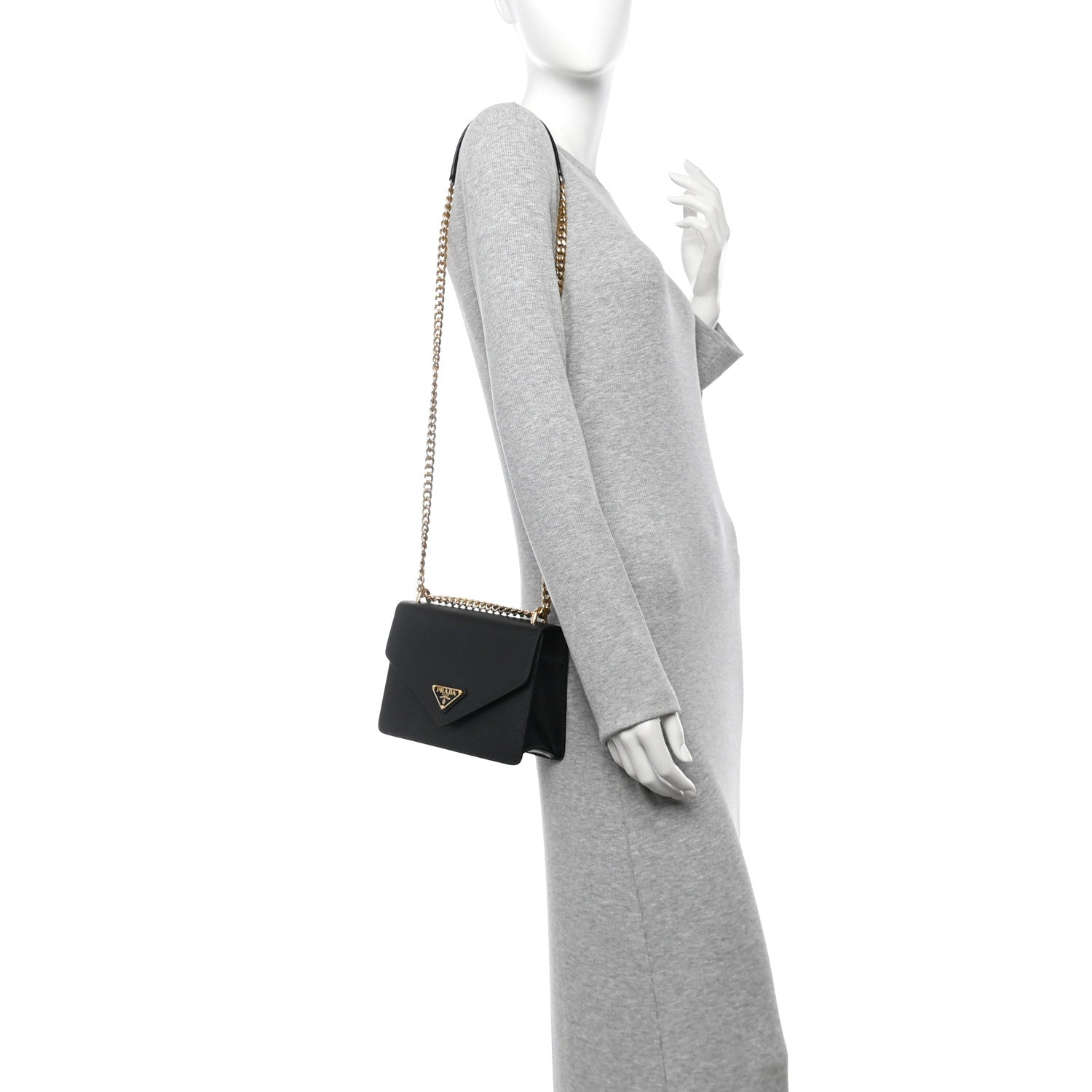 Prada Saffiano Soft Calfskin Metal Triangle Logo Envelope Chain Shoulder Bag Black 2 of 9