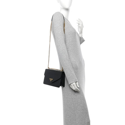 Prada Saffiano Soft Calfskin Metal Triangle Logo Envelope Chain Shoulder Bag Black 2 of 9
