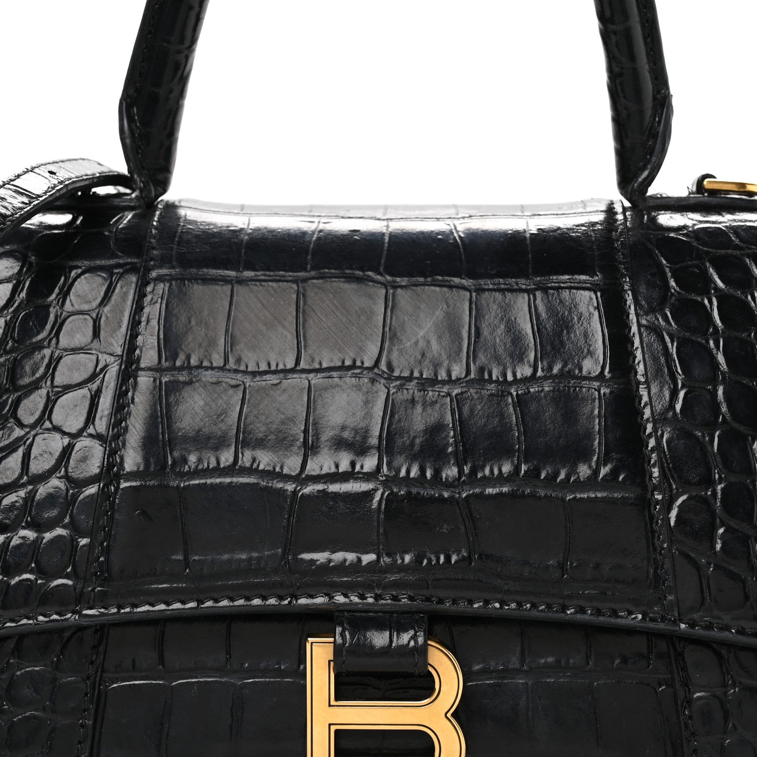 Balenciaga Shiny Calfskin Crocodile Embossed Small Hourglass Top Handle Bag Black 8 of 12