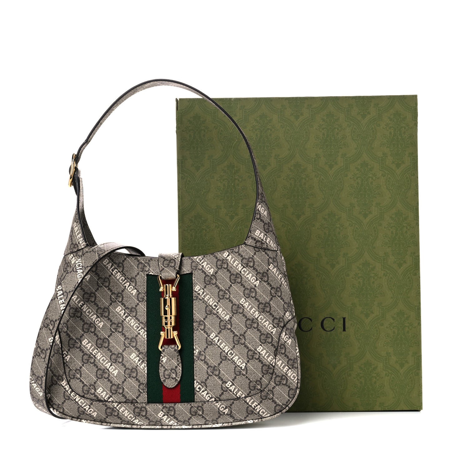 X BALENCIAGA GG Supreme Monogram Striped Logo Print Web Small Jackie 1961 Hobo Beige Ebony Mystic White