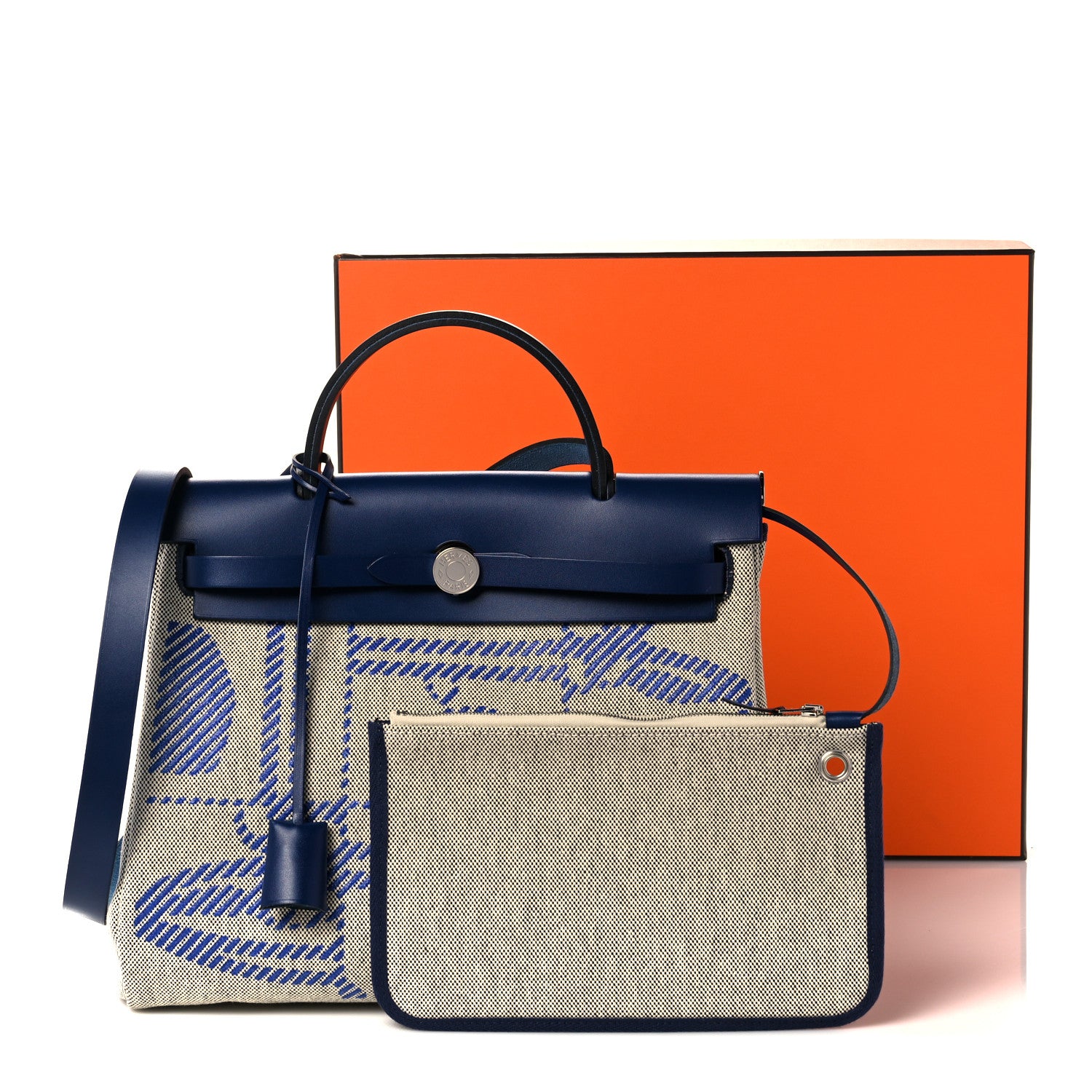 Hermes Vache Hunter Toile H Brides de Gala Herbag Zip Retourne 31 PM Bleu De France Ecru Black 18 of 18